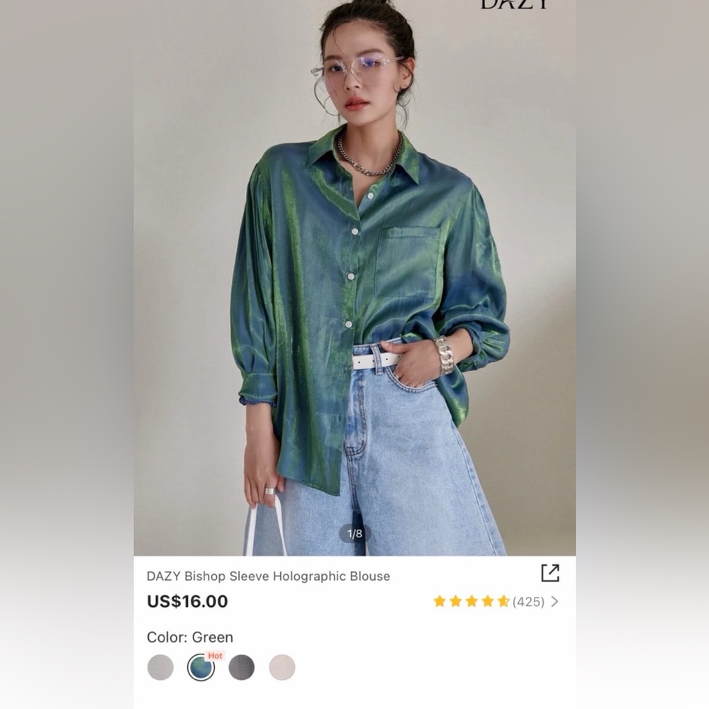 DAZY Iridescent Green-Blue Satin Blouse